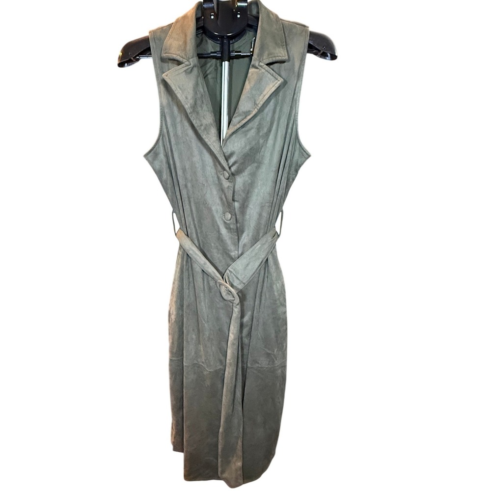Avara Olive Green Faux Suede Sleeveless Belted Midi Dress Large Notch Lapel